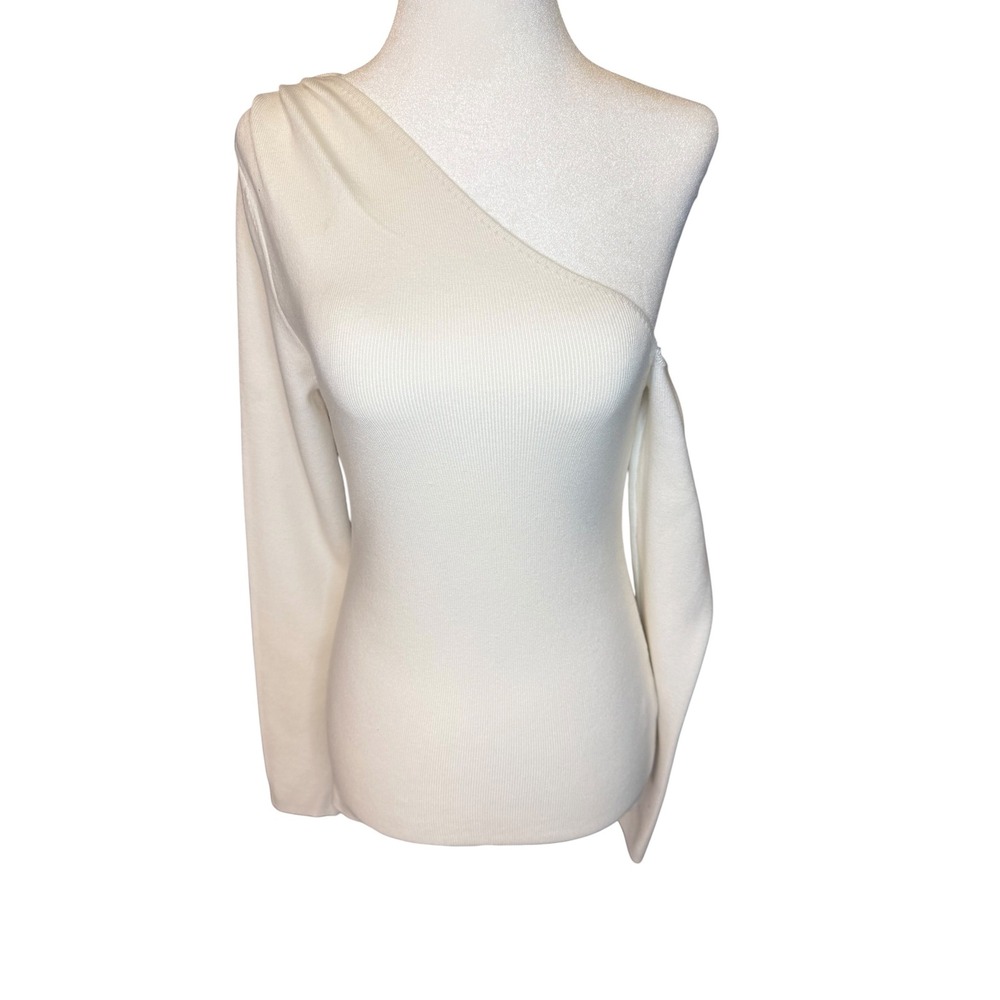 ASTR the Label Off White One Shoulder Ribbed‎ Knit Long Sleeve Sweater AT17982 M